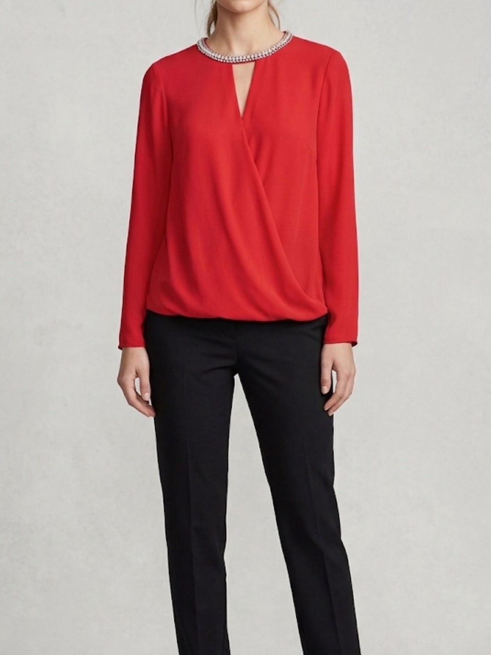 Cremieux Red Rhinestone Neck Keyhole Blouse Small